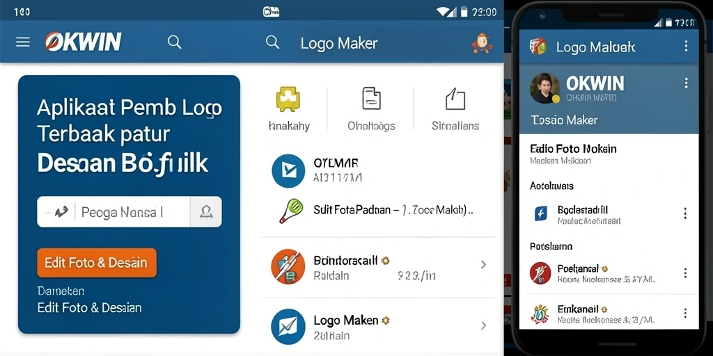Screenshot aplikasi OKWIN yang menampilkan antarmuka desainer logo.